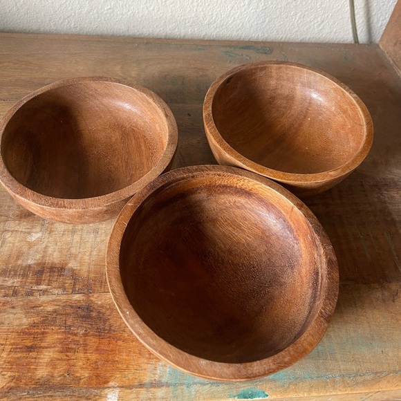 Vintage Raw Teak Wood Trio Of Decorative Wooden Bowls - Picture 4 of 17